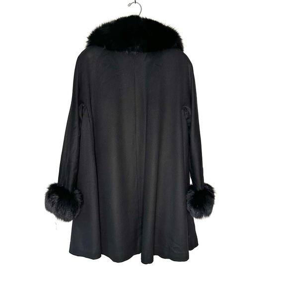 Belle Fare | Black Fox Fur Collar and Cuffs Cashmere Blend Wool Coat Size Large - Picture 3 of 10